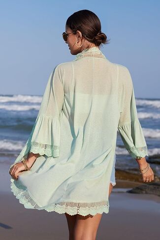 الصيف المرأة الشاطئ بلون الكيمونو الدانتيل خفيفة الوزن التستر سترة أنيقة ليلة سوداء M in Kuwait