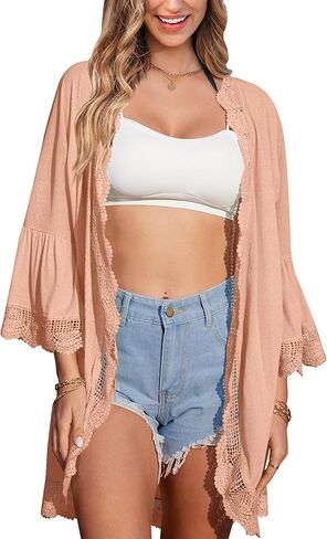 Summer Women's Beach Solid Color Kimonos Lace Light Weight Cover Up Dressy Cardigan Night Black M in Saudi Arabia