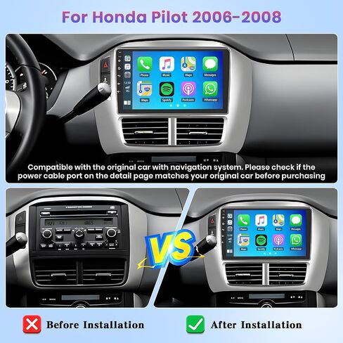 Roinvou 2+64G Android CarPlay Stereo لـ 2006-2008 Honda Pilot، مشغل CarPlay لاسلكي مدمج مع Android Auto، شاشة لمس 9 بوصة مدمجة في لوحة القيادة GPS تدعم وصلة المرآة BT FM RDS AHD in Saudi Arabia