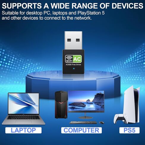 محول USB واي فاي للكمبيوتر المكتبي - دونجل 5G/2.4G ثنائي النطاق AC600 عالي السرعة، محول شبكة لاسلكية بدون برامج تشغيل لنظام التشغيل Windows 11/10/8.1/8/7/XP/Vista - محول USB واي فاي مثالي للكمبيوتر الشخصي باللون الأبيض الحليبي in Kuwait