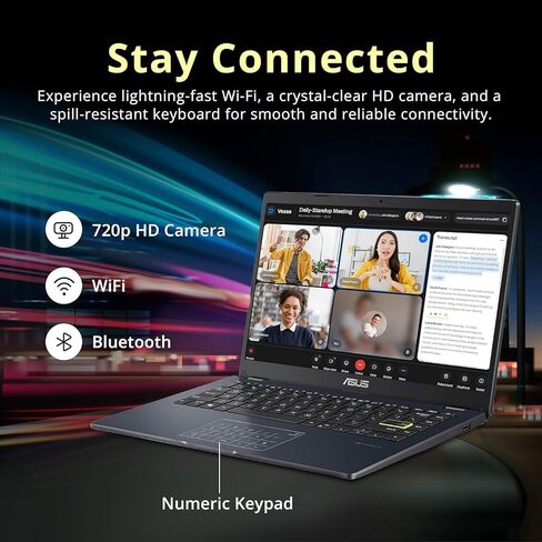 كمبيوتر محمول ASUS مقاس 14 بوصة، شاشة FHD مقاس 14 بوصة، Intel Celeron N4500، ذاكرة 4 جيجابايت، 64 جيجابايت eMMC، لوحة لمس، كاميرا ويب، HDMI، Wi-Fi، Windows 11 Home، أزرق هادئ in Saudi Arabia