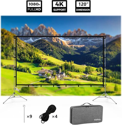 Projector Screen Outdoor, Vamvo Projector Screen with Stand Portable 120" Foldable Projector Screen, 10 Feet Indoor Movie Screen with Carrying Bag for Home Theater Backyard Movie Night in Kuwait