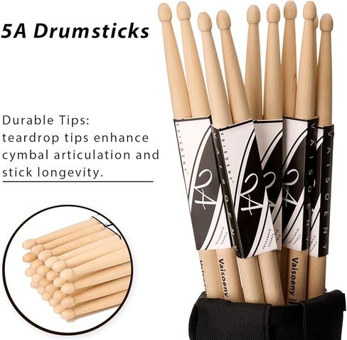عصي طبلة vaisoeny، عصي طبلة 7A للبالغين، 12 زوجًا من أعواد طبلة خشب القيقب الكلاسيكية للأطفال، ملحقات قرع الآلات الموسيقية الاحترافية in Kuwait