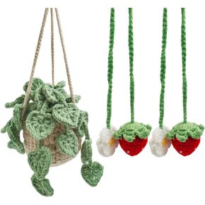 SENHAI 3 Pcs Car Mirror Hanging Accessories, Cute Strawberry & Potted Plants Crochet Handmade Crocheted Aesthetic Car Mirror Charms, Suitable for Car Accessories, Home Decoration, Backpacks