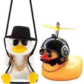 2 Pieces Swinging Duck Car Hanging Ornament Rubber Car Duck Car Ornament with Propeller Helmet Swing Duck Car Rear View Mirror Pendant Yellow Duck Car Dashboard for Car Decor(Chain Style)