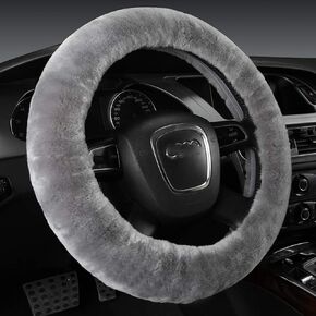 U&M Car Stretch-on Steering Wheel Cover Soft Australian Natural Sheepskin Luxurious Wool Vehicle Non-slip Wheel Cushion Protector Available for 35cm-43cm