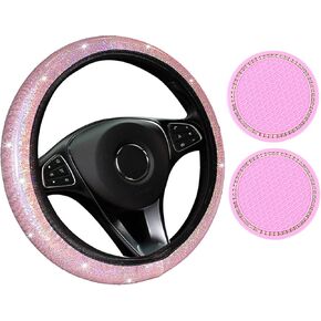 أغطية عجلة القيادة باللون الوردي للسيارة، غطاء عجلة القيادة اللامع القابل للتمدد للنساء والفتيات والرجال، ملحقات سيارة للفتيات مقاس 15 بوصة مع 2 قاعدة أكواب للسيارة لحاملي الأكواب in Kuwait