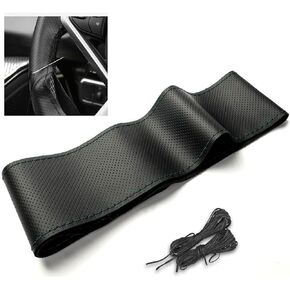 Ziciner Leather Steering Wheel Cover, Stitch On Wrap, Breathable Anti-Slip Car Steering Wheel Protector for Max Diameter 15'', DIY Sewing with Needle Thread, Universal Car Accessories (Black)