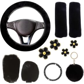 1 Set 11 Pcs Fluffy Car Steering Wheel Cover Sets, Furry Steering Wheel Cover Winter Warm Fluffy Car Accessories Set with Cute Car Decoration Accessories for Women (Black)