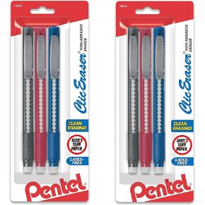 Pentel Clic Retractable Eraser with Grip, 3 Count - Pack of 6