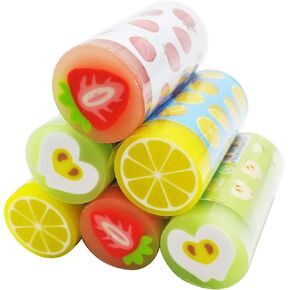 6 Pcs Kawaii Colored Cylindrical Shape 2B Pencil Erasers, Fruit Scented, Age-Resistant, Soft Flexible Rubber Jelly Erasers Cute Erasers for School Art Drawing, Sketching, Home, Office, Students, Kids