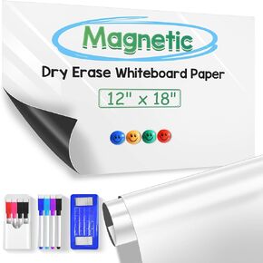 Magnetic Dry Erase Whiteboard Paper, 12" x 18" Self Adhesive Whiteboard Contact Paper for Wall, Peel and Stick Wallpaper for Office, Playroom, Classroom, Include 8 Markers, Eraser with Magnets