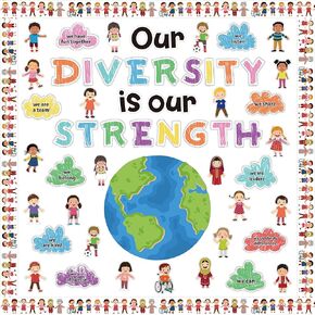 B1ykin 112Pcs Diversity Strength Bulletin Board Classroom Name Tags Decoration Set, Diverse Children Cutout Borders, Our Diversity is Our Strength Wall Chalkboard Party Supplies for Elementary School