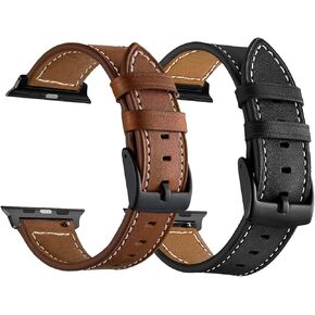 LDFAS Compatible for Apple Watch Band 45mm 44mm 42mm, Leather Watch Strap Compatible for Apple Watch SE, Apple Watch Series 7/6/5/4/3 Band,Brown+Black (2 Pack)