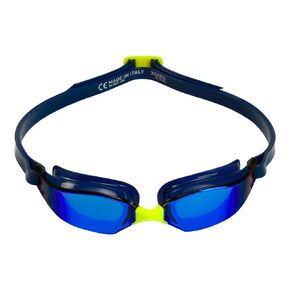 XCEED Adult Swim Goggles - Curved Lens Technology, Adjustable Nose Bridge - Ideal Partner for Performance Swimmers - Blue Titanium Mirror Lens/Navy Frame