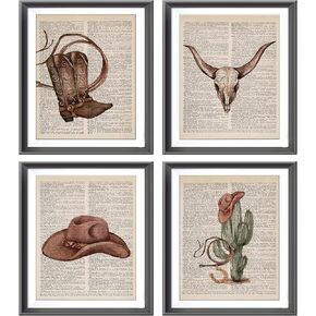Western Cowboy Boots Hat Bull Skull Cactus Vintage Dictionary Art Poster Prints for Girls Room Dorm Decor,Watercolor Retro Preppy Decorations Prints Wall Art Unframed 4pcs 8x10inches,Teen Girls Gifts