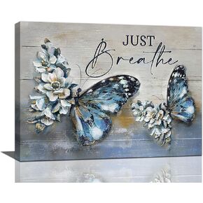 Farmhouse Blue Butterfly Flower Decor Large Wall Art Vintage Rustic Country Butterfly Just Breathe Pictures Wall Decor Canvas Painting Prints Artwork Decorations Framed for Living Room Bedroom 60"x30"
