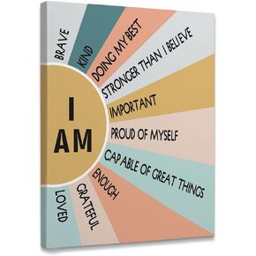 Inspirational Quotes I Am Brave Kind Loved Framed Canvas Wall Art Decor 11×14 inch, Positive Affirmations Print Painting Artwork Home Wall Decoration For Boys Girls Kids Room Bedroom Living Room