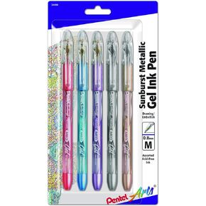 Pentel Arts Sunburst Metallic Gel Pen, Medium Line, Permanent, 5 Pack, Assorted Ink (K908MBP5)