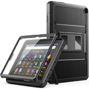 MoKo Case Fits All-New Amazon Kindle Fire HD 8 & 8 Plus Tablet (12th Generation, 2022 Release) 8“, Full Body Rugged Hands-Free Viewing Stand Back Cover with Screen Protector, Black