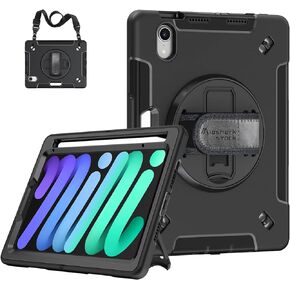Case for iPad Mini 6 2021: Military Grade Shockproof TPU Protective Cover for Kids iPad Mini 6th Generation 8.3 Inch with Screen Protector- Stand + Handle + Shoulder Strap + Pencil Holder- Black
