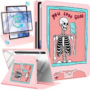 for Samsung Galaxy Tab S7 Fe/S7 Plus/S8 Plus Case 12.4 Inch Folio Cover Pencil Holder Women Girl Cute Girly Black Flower Unique Design Rotating Tablet S8 Plus 2022/S7 Plus 2021/S7 FE 5G Case