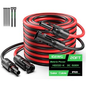 20Feet 10AWG Solar Panel Extension Cable, Bateria Power 10 Gauge PV Wire with Female & Male Waterproof Connectors for RV, Photovoltaic Systems, Set of 2