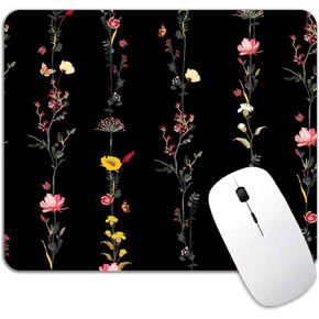 Garden Blooming Flowers Mouse Pad, Colourful Wildflowers Floral Mouse Mat with Waterproof Anti Slip Rubber Mousepad for Desktops, Computers, 9.5 X 7.9 Inch, Blcak