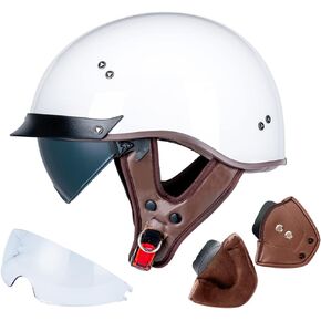 Half Helmet Motorcycle Men Women Adults Dot Approved Vintage Half Face Helmet with Additional Clear Visor and Ear Pads MH107