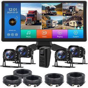 VEKOOTO 5 Channels Backup Camera System 10.36" IPS Quad Split Touch Screen Monitor Rear Side View 5 AHD Camera DVR Recording Backup Heavy Duty Camera for Truck Bus RV Trailer Semi Box EH5