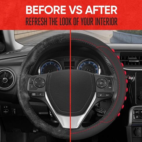 Motor Trend SoftTouch Wood Grain Steering Wheel Cover for Cars - Standard 15 Inch Black & Beige Faux Leather Car Steering Wheel Cover with Light Wood Trim, Fits Auto Truck Van SUV in Saudi Arabia
