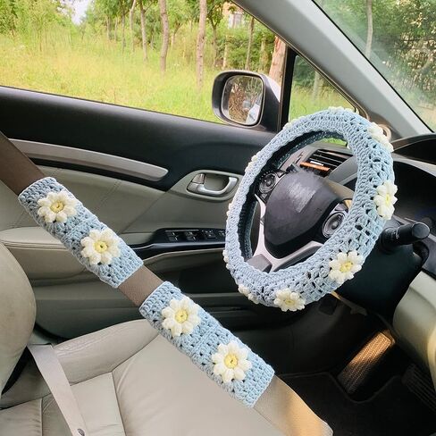 Handmade Crochet Steering Wheel Cover for Women Girl, Cute Blue Puff Flower Seat Belt Cover, Car Interior Accessories Decorations. (Steering Wheel Cover + 2 Belt Cover) in Saudi Arabia