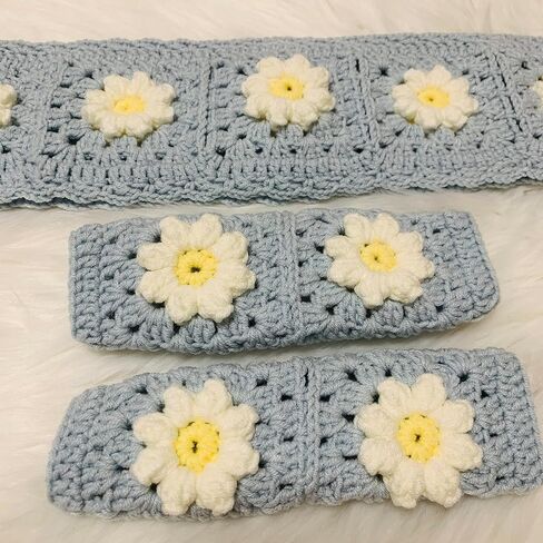 Handmade Crochet Steering Wheel Cover for Women Girl, Cute Blue Puff Flower Seat Belt Cover, Car Interior Accessories Decorations. (Steering Wheel Cover + 2 Belt Cover) in Saudi Arabia