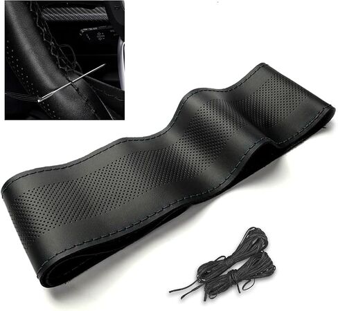 Ziciner Leather Steering Wheel Cover, Stitch On Wrap, Breathable Anti-Slip Car Steering Wheel Protector for Max Diameter 15'', DIY Sewing with Needle Thread, Universal Car Accessories (Black) in Saudi Arabia