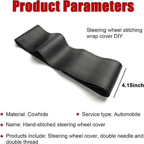 Ziciner Leather Steering Wheel Cover, Stitch On Wrap, Breathable Anti-Slip Car Steering Wheel Protector for Max Diameter 15'', DIY Sewing with Needle Thread, Universal Car Accessories (Black) in Saudi Arabia