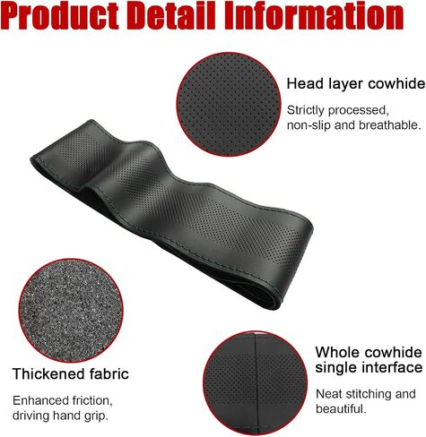 Ziciner Leather Steering Wheel Cover, Stitch On Wrap, Breathable Anti-Slip Car Steering Wheel Protector for Max Diameter 15'', DIY Sewing with Needle Thread, Universal Car Accessories (Black) in Saudi Arabia