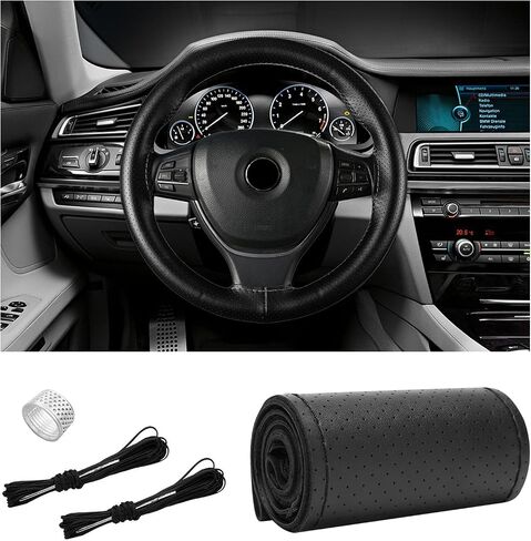Ziciner Leather Steering Wheel Cover, Stitch On Wrap, Breathable Anti-Slip Car Steering Wheel Protector for Max Diameter 15'', DIY Sewing with Needle Thread, Universal Car Accessories (Black) in Saudi Arabia