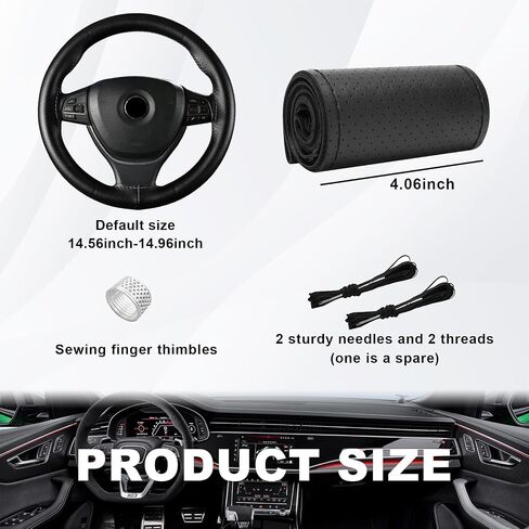 Ziciner Leather Steering Wheel Cover, Stitch On Wrap, Breathable Anti-Slip Car Steering Wheel Protector for Max Diameter 15'', DIY Sewing with Needle Thread, Universal Car Accessories (Black) in Saudi Arabia
