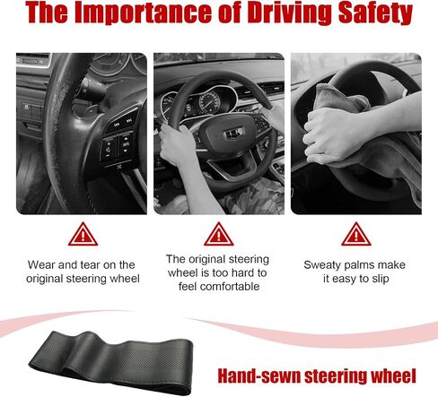 Ziciner Leather Steering Wheel Cover, Stitch On Wrap, Breathable Anti-Slip Car Steering Wheel Protector for Max Diameter 15'', DIY Sewing with Needle Thread, Universal Car Accessories (Black) in Saudi Arabia