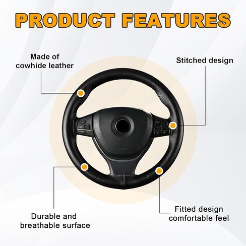 Ziciner Leather Steering Wheel Cover, Stitch On Wrap, Breathable Anti-Slip Car Steering Wheel Protector for Max Diameter 15'', DIY Sewing with Needle Thread, Universal Car Accessories (Black) in Saudi Arabia