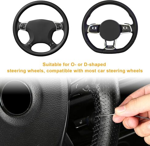Ziciner Leather Steering Wheel Cover, Stitch On Wrap, Breathable Anti-Slip Car Steering Wheel Protector for Max Diameter 15'', DIY Sewing with Needle Thread, Universal Car Accessories (Black) in Saudi Arabia
