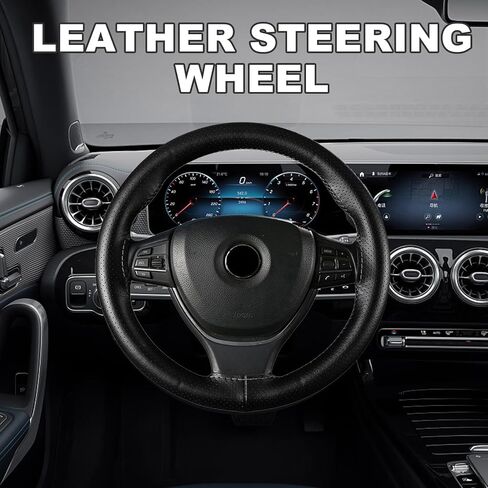 Ziciner Leather Steering Wheel Cover, Stitch On Wrap, Breathable Anti-Slip Car Steering Wheel Protector for Max Diameter 15'', DIY Sewing with Needle Thread, Universal Car Accessories (Black) in Saudi Arabia