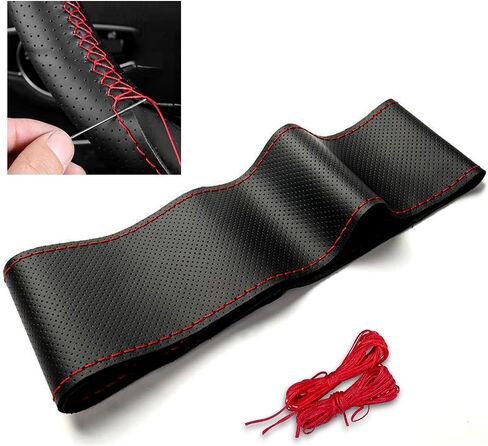 Ziciner Leather Steering Wheel Cover, Stitch On Wrap, Breathable Anti-Slip Car Steering Wheel Protector for Max Diameter 15'', DIY Sewing with Needle Thread, Universal Car Accessories (Black) in Saudi Arabia