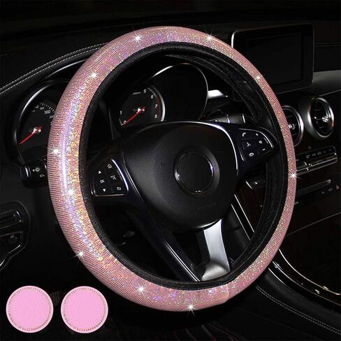 أغطية عجلة القيادة باللون الوردي للسيارة، غطاء عجلة القيادة اللامع القابل للتمدد للنساء والفتيات والرجال، ملحقات سيارة للفتيات مقاس 15 بوصة مع 2 قاعدة أكواب للسيارة لحاملي الأكواب in Kuwait