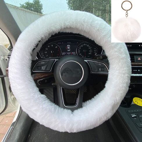 Fluffy Fuzzy Steering Wheel Covers for Women with Fur Pom Pom Keychain Furry Winter Warm Fashion Faux Wool Steering Wheel Cover, Anti-Slip Car Decoration Universal Fit Most Car (White) in Saudi Arabia