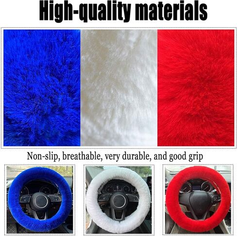 أغطية عجلة القيادة الزغبية للنساء مع سلسلة مفاتيح من الفراء بوم بوم فروي شتاء دافئ أنيق غطاء عجلة القيادة من الصوف الصناعي، ديكور سيارة مضاد للانزلاق يناسب معظم السيارات (أبيض) in Kuwait