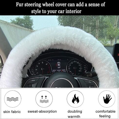 أغطية عجلة القيادة الزغبية للنساء مع سلسلة مفاتيح من الفراء بوم بوم فروي شتاء دافئ أنيق غطاء عجلة القيادة من الصوف الصناعي، ديكور سيارة مضاد للانزلاق يناسب معظم السيارات (أبيض) in Kuwait