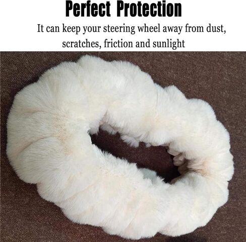 أغطية عجلة القيادة الزغبية للنساء مع سلسلة مفاتيح من الفراء بوم بوم فروي شتاء دافئ أنيق غطاء عجلة القيادة من الصوف الصناعي، ديكور سيارة مضاد للانزلاق يناسب معظم السيارات (أبيض) in Kuwait