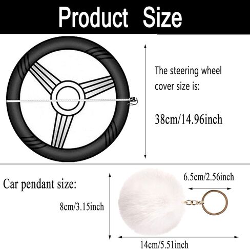 أغطية عجلة القيادة الزغبية للنساء مع سلسلة مفاتيح من الفراء بوم بوم فروي شتاء دافئ أنيق غطاء عجلة القيادة من الصوف الصناعي، ديكور سيارة مضاد للانزلاق يناسب معظم السيارات (أبيض) in Kuwait