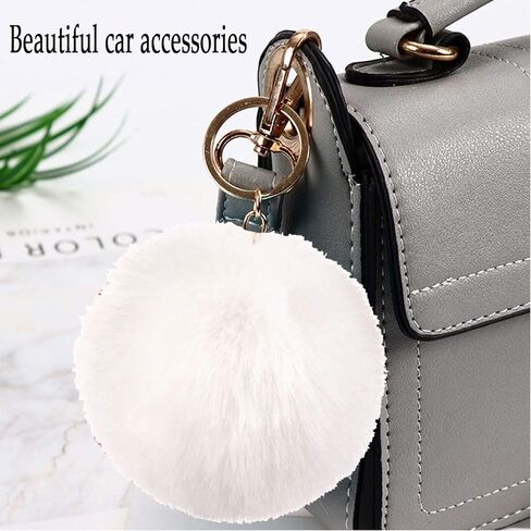 أغطية عجلة القيادة الزغبية للنساء مع سلسلة مفاتيح من الفراء بوم بوم فروي شتاء دافئ أنيق غطاء عجلة القيادة من الصوف الصناعي، ديكور سيارة مضاد للانزلاق يناسب معظم السيارات (أبيض) in Kuwait